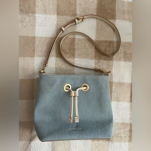Nanette Lepore Light Blue Denim Canvas Drawstring Crossbody Bag with Cream Trim